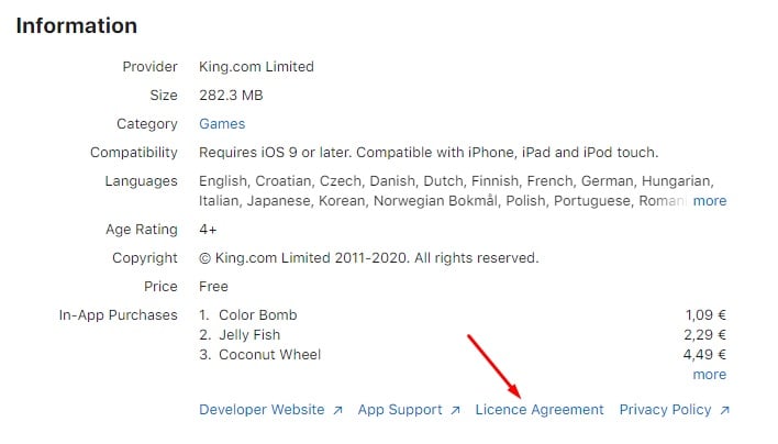 King Limited Apple App Store Listing with Licence Agreement Highlighted