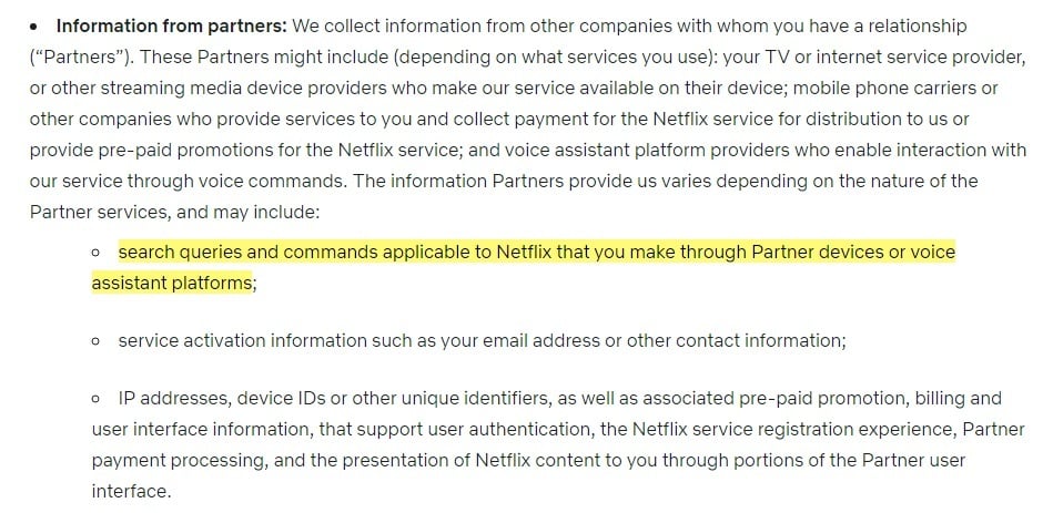 Netflix Privacy Statement: Information from Partners clause