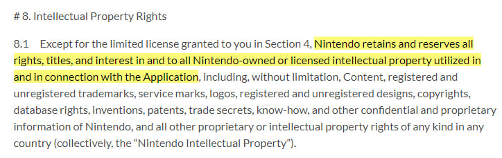 Nintendo Animal Crossing User Agreement: Intellectual Property Rights clause excerpt