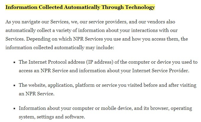 NPR Privacy Policy: Information Collected Automatically Through Technology