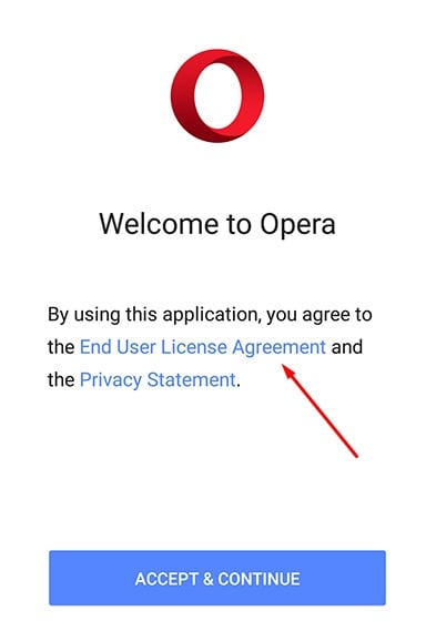 Opera app welcome screen with EULA highlighted