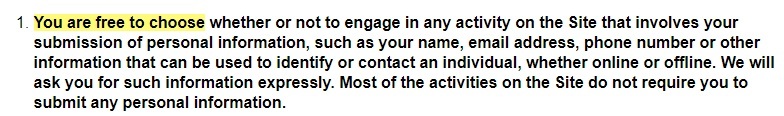 Oscar the Grouch Privacy Policy: Free to choose to submit personal information section