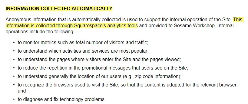 Oscar the Grouch Privacy Policy: Information collected automatically - Squarespace analytics clause