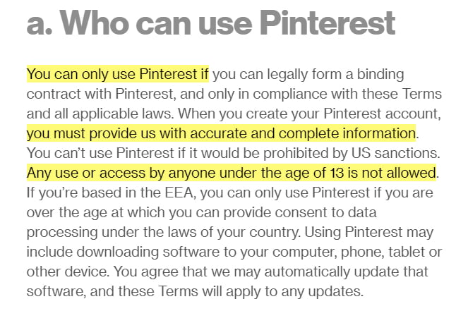 Pinterest Terms of Service: Who can use Pinterest clause