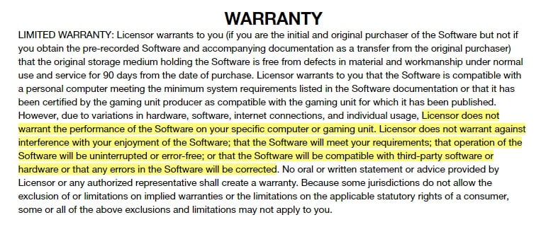 Rockstar Games EULA: Warranty clause excerpt