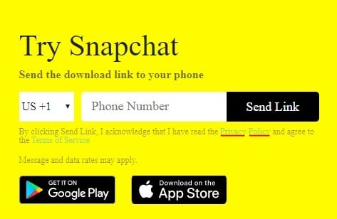 Snapchat Send Download Link form with Privacy Policy highlighted