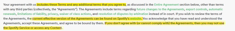 Spotify EULA: Introduction clause - Other agreements section