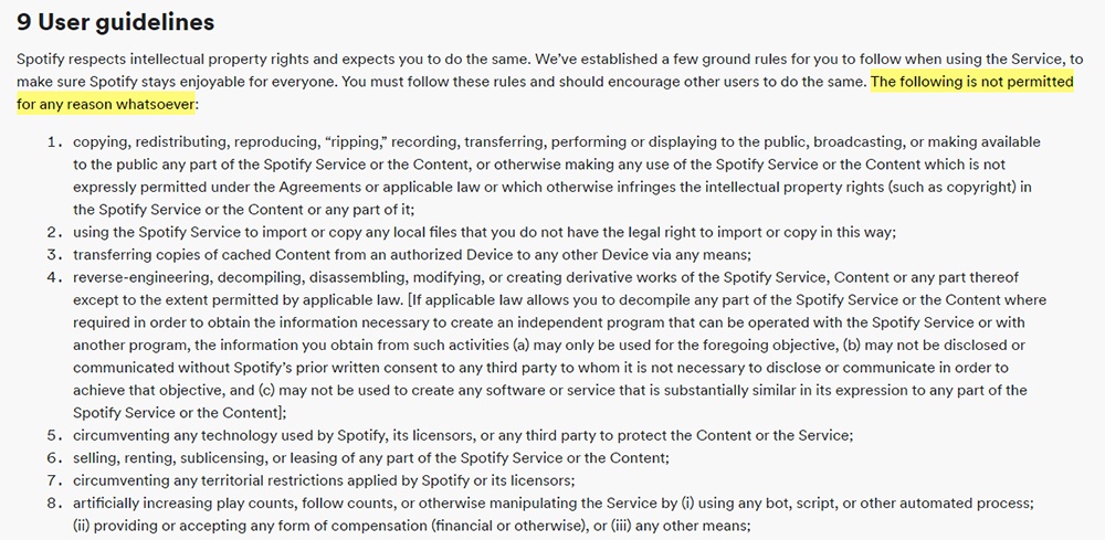 Spotify Terms and Conditions: User Guidelines clause excerpt