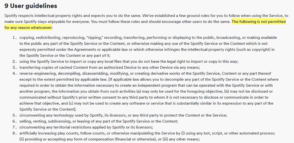 Spotify Terms and Conditions: User Guidelines clause excerpt