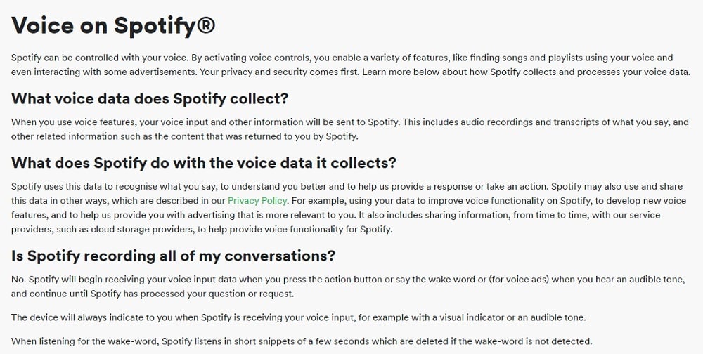 Spotify Voice Control Policy excerpt