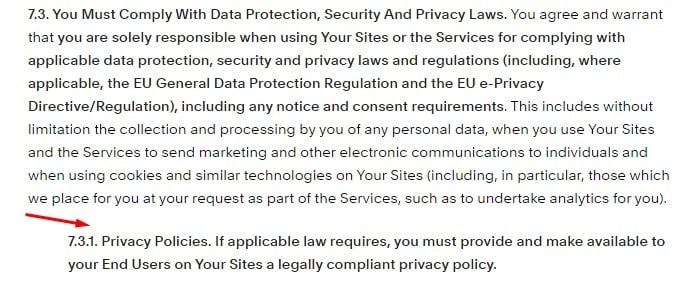 Squarespace Terms of Service: Comply with Data Protection Laws clause - Privacy Policy requirement