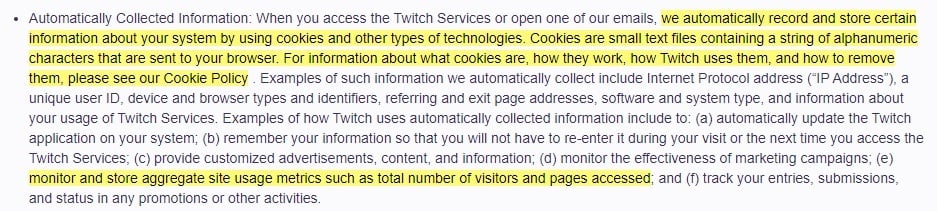 Twitch Privacy Notice: Automatically Collected Information clause with cookies information highlighted