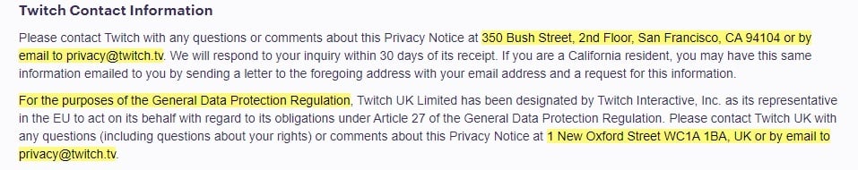 Twitch Privacy Notice: Twitch Contact Information clause