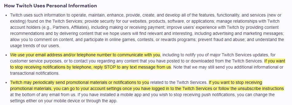 Twitch Privacy Notice: How Twitch uUses Personal Information clause excerpt
