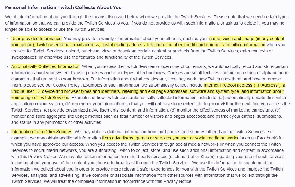 Twitch Privacy Notice: Personal Information Twitch Collects About You clause