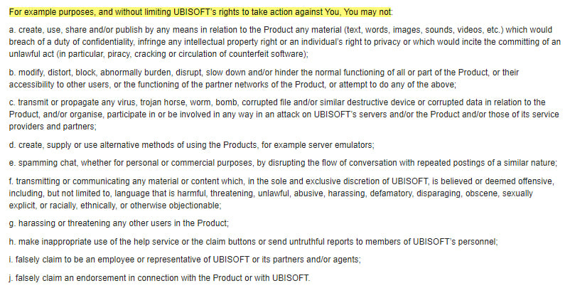 Ubisoft EULA: Restricted user behavior clause