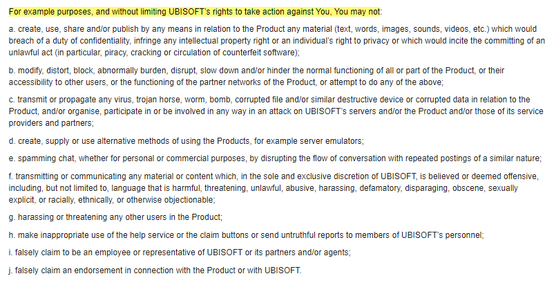 Ubisoft EULA: Restricted user behavior clause