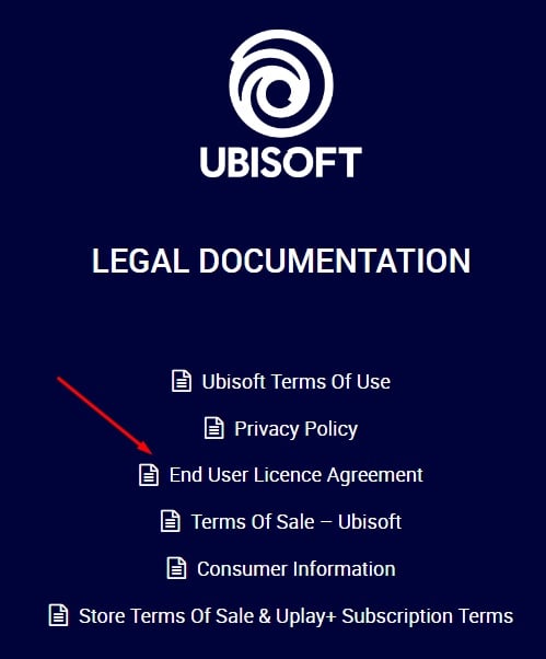 Ubisoft Legal Documentation with EULA highlighted