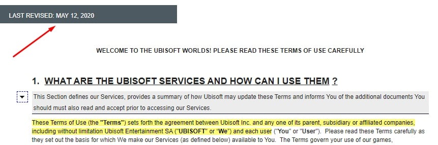 Ubisoft Terms of Use: Intro clause and revised date highlighted