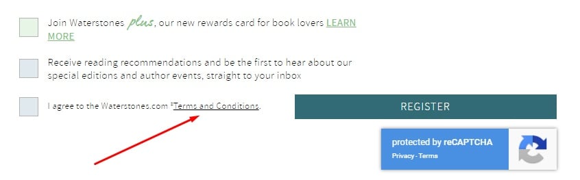 Waterstones Register form with Agree to Terms and Conditions highlighted