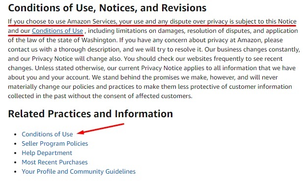 Amazon Privacy Notice: Conditions of Use, Notices and Revisions clause