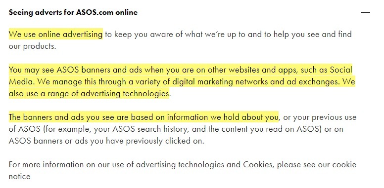 ASOS Privacy and Cookies Policy: Seeing adverts for ASOS online clause