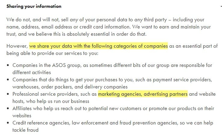 ASOS Privacy and Cookies Policy: Sharing your information - Third parties clause