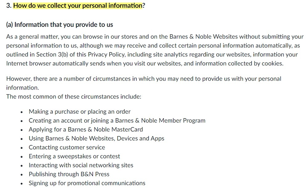 Barnes and Noble Privacy Policy: How do we collect your personal information clause - Information you provide to us section