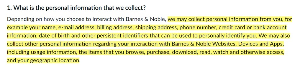 Barnes and Noble Privacy Policy: What is the personal information that we collect clause