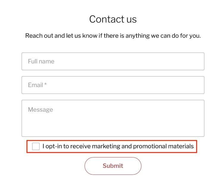 Contact form with opt-in checkbox for marketing materials