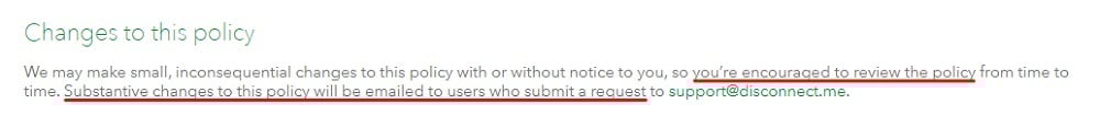 Disconnect Privacy Policy: Changes to this Policy clause