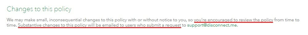 Disconnect Privacy Policy: Changes to this Policy clause