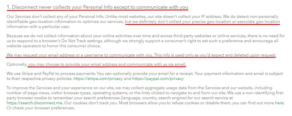 Disconnect Privacy Policy: Disconnect never collects your personal info except to communicate with you clause