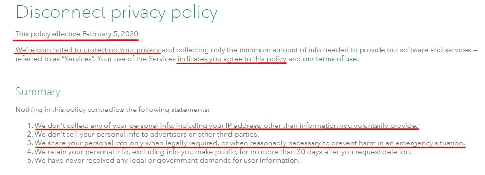 Disconnect Privacy Policy: Intro and Summary clauses