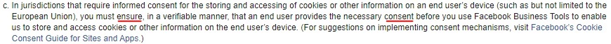 Facebook Business Tools Terms: Special Provisions Concerning the Use of Facebook Pixels and SDKs clause - Informed Consent requirement section