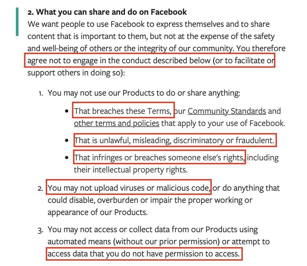 Facebook Terms of Service: What you can share and do on Facebook clause