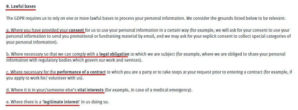 Green Alliance Privacy Policy and Cookies: Lawful Bases clause