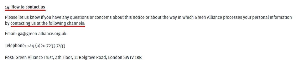 Green Alliance Privacy Policy and Cookies: Contact clause