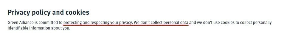 Green Alliance Privacy Policy and Cookies: Intro clause about not collecting personal data