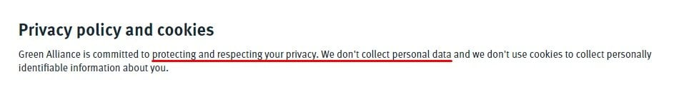 Green Alliance Privacy Policy and Cookies: Intro clause about not collecting personal data