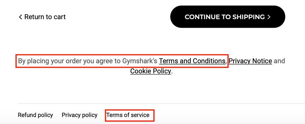 Gymshark checkout page: Terms and Conditions links highlighted