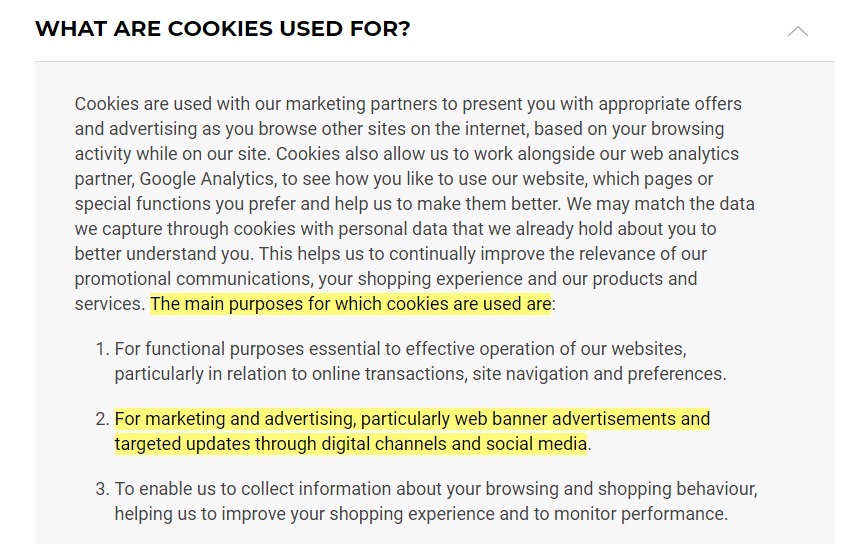 Gymshark Cookie Policy: Excerpt of What are cookies used for clause - Marketing, advertising and social media section highlighted