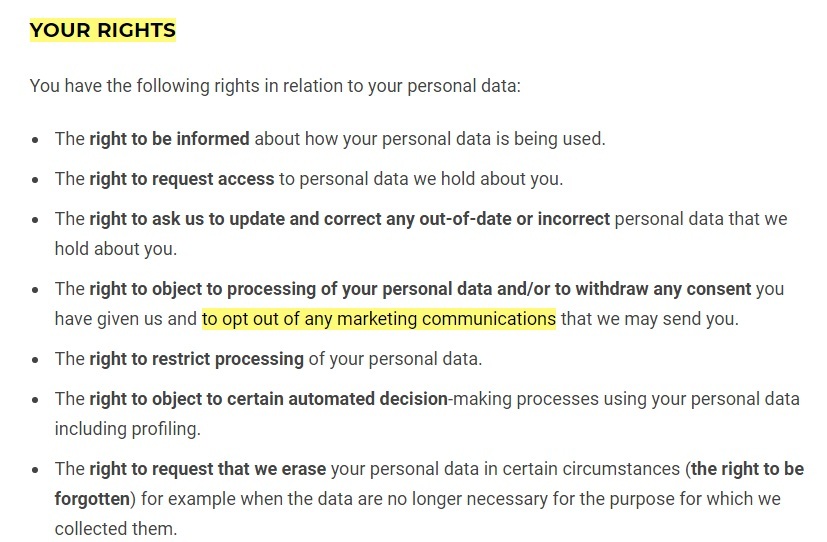 Gymshark Privacy Policy: Your Rights clause