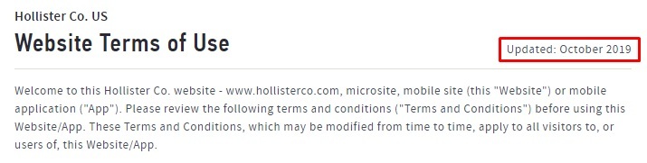 Hollister Terms of Use: Updated date highlighted