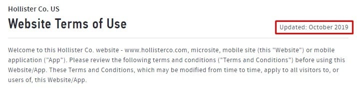 Hollister Terms of Use: Updated date highlighted