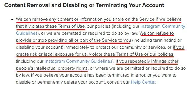 Instagram Terms of Use: Content Removal and Disabling or Terminating Your Account clause