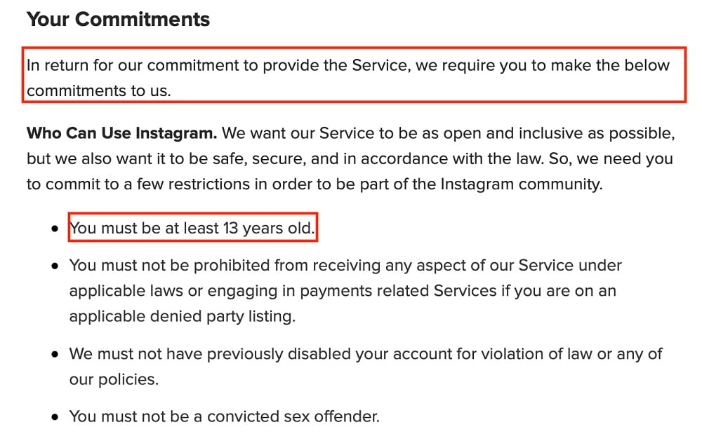 Instagram Terms of Use: Your Commitments clause with age limit highlighted