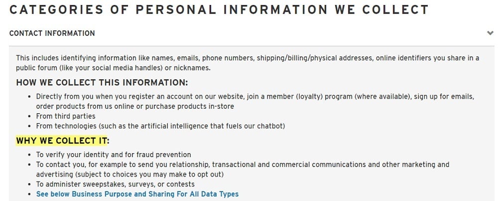 Levis Privacy Policy: Categories of Personal Information We Collect clause - Contact Information - Why We Collect It section highlighted