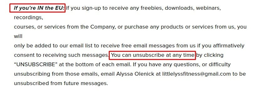 Little Lyss Fitness Privacy Policy: When do we collect personal information clause - EU and Unsubscribe section