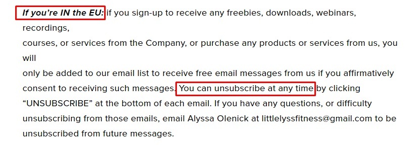 Little Lyss Fitness Privacy Policy: When do we collect personal information clause - EU and Unsubscribe section